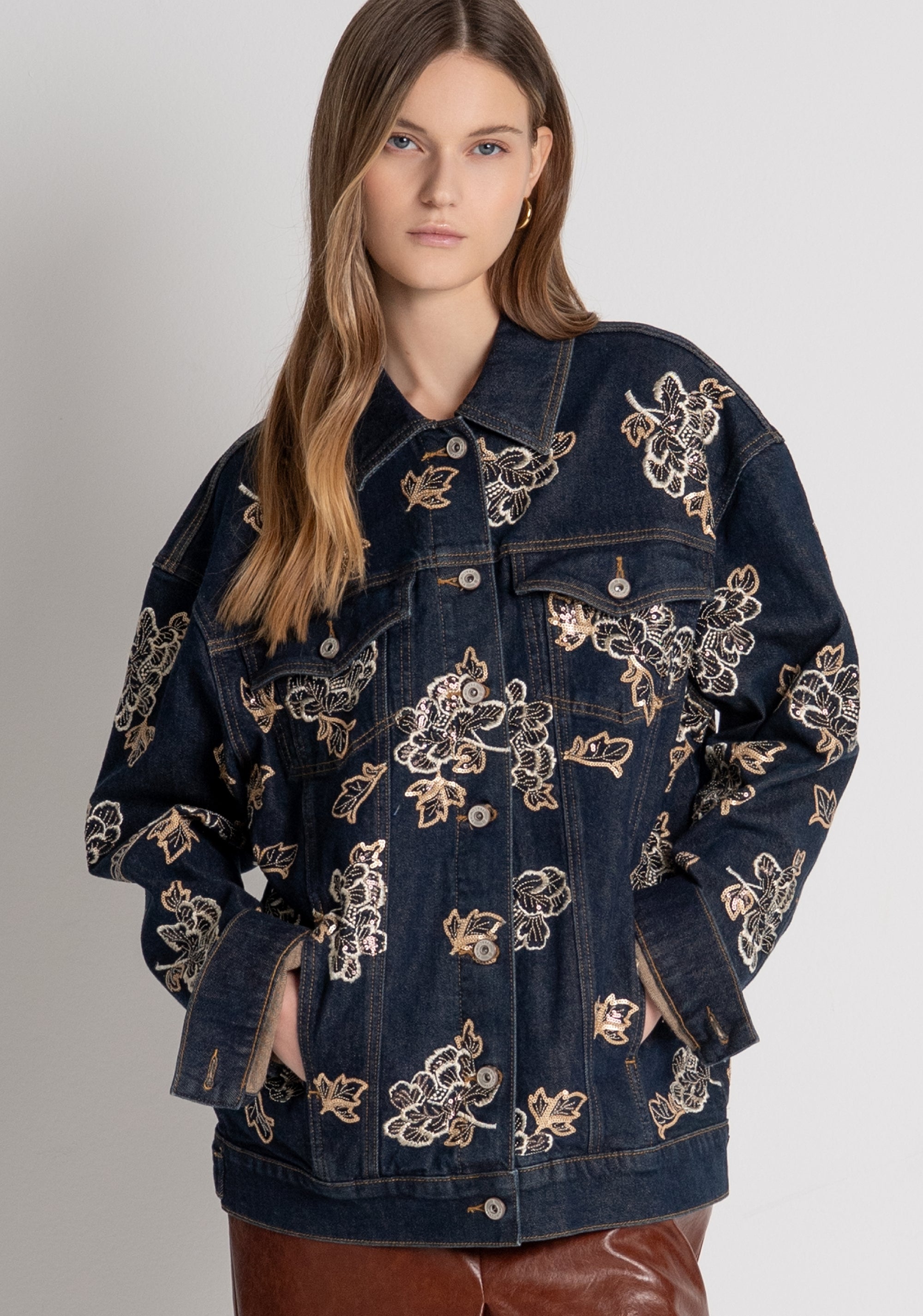 Jacket regular fit made in denim with overdyed wash and embroideries applied Fracomina FR26WJ4009D419E5-M58-2
