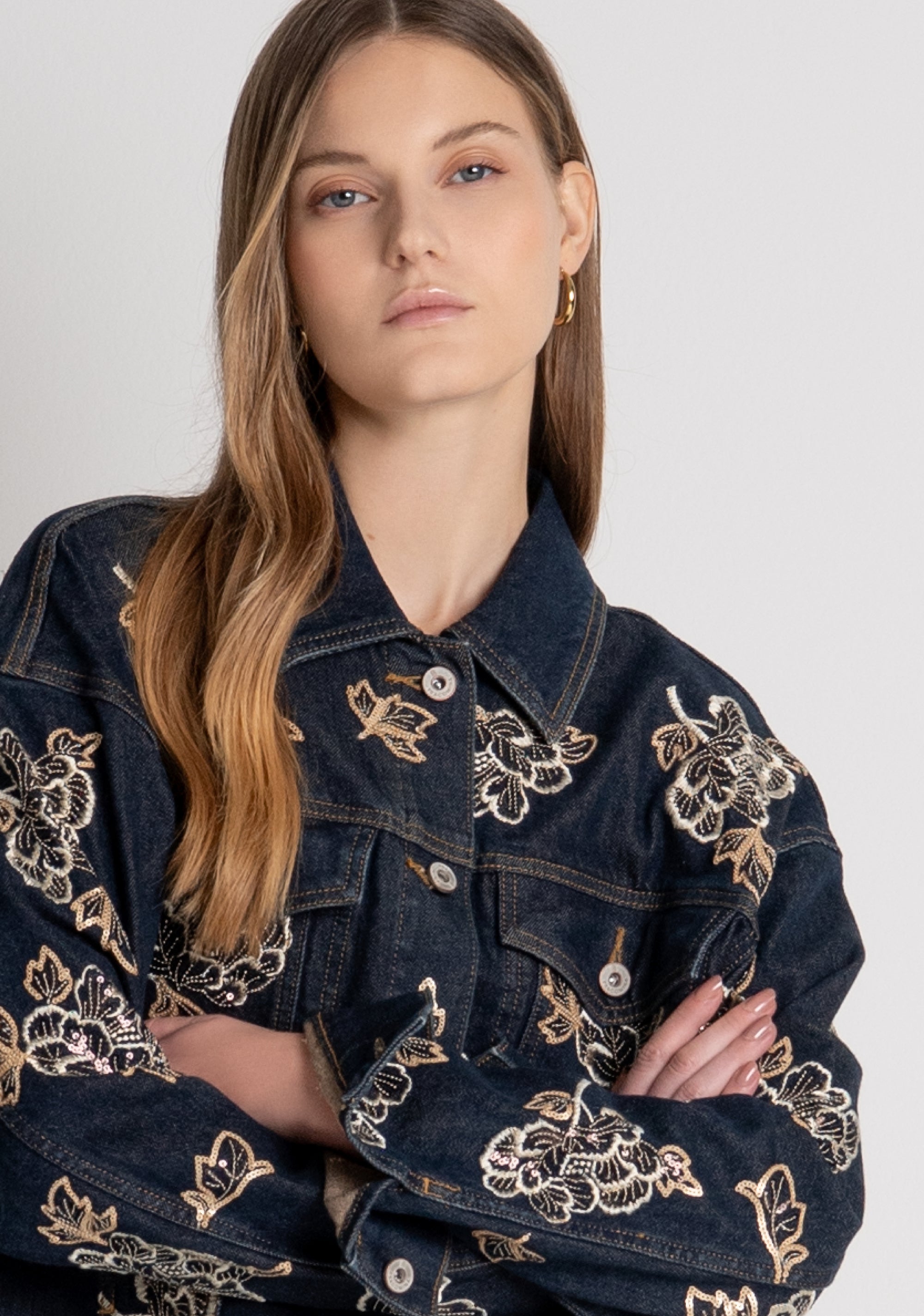 Jacket regular fit made in denim with overdyed wash and embroideries applied Fracomina FR26WJ4009D419E5-M58-3
