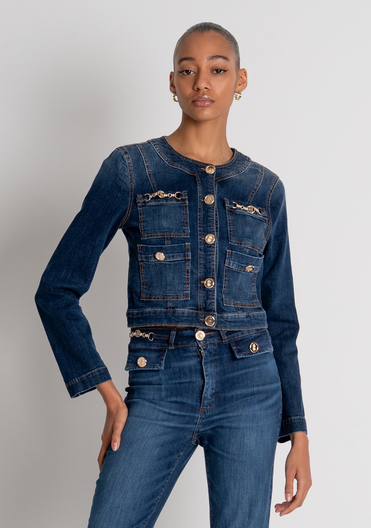 Jacket slim fit cropped made in denim with middle wash Fracomina FR26WJ4012D47602-987-2