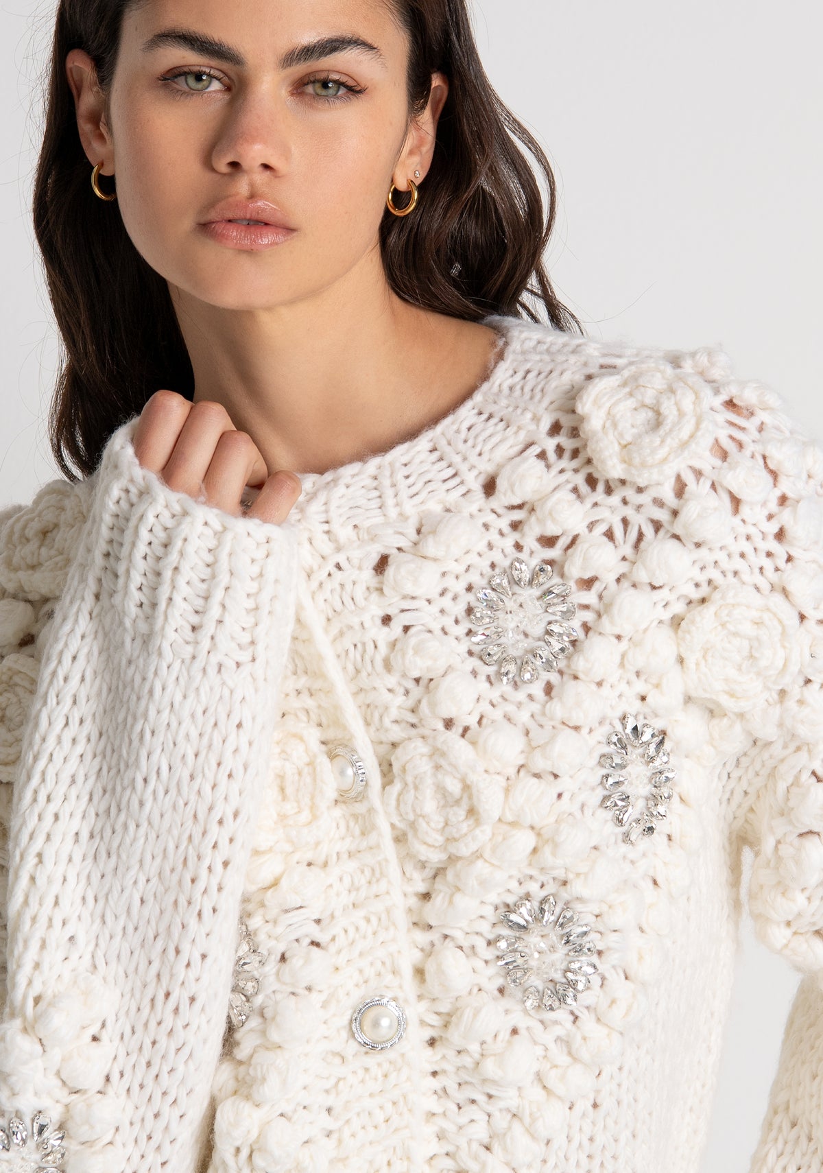 Knitted cardigan regular fit with 3D stitch and jewelry applications Fracomina FR26WT8030K465R9-108-3