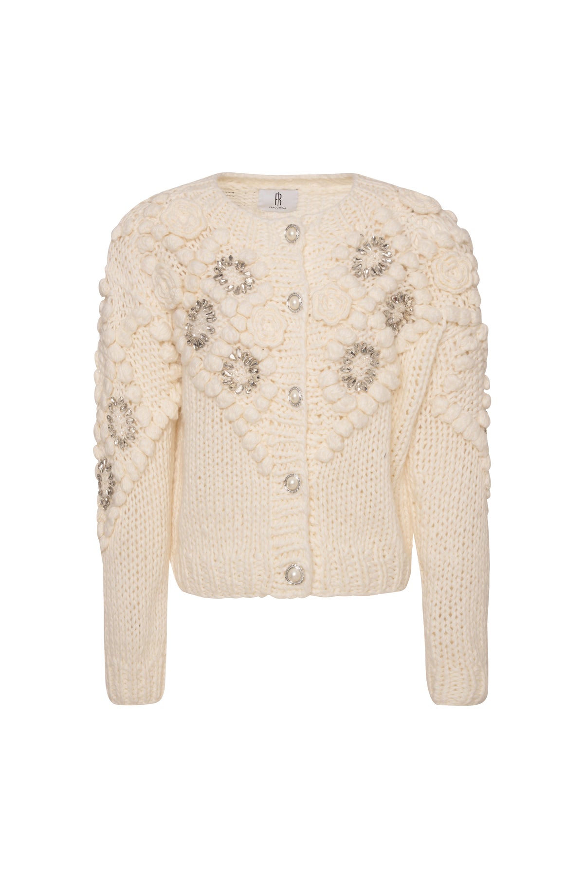 Knitted cardigan regular fit with 3D stitch and jewelry applications Fracomina FR26WT8030K465R9-K17-1