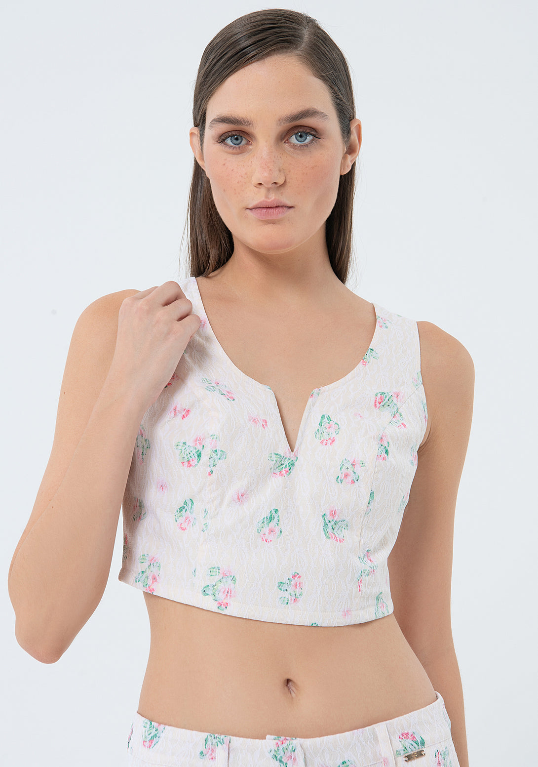 Tank top cropped with flowery pattern Fracomina FS24ST2002W624R8-472-1