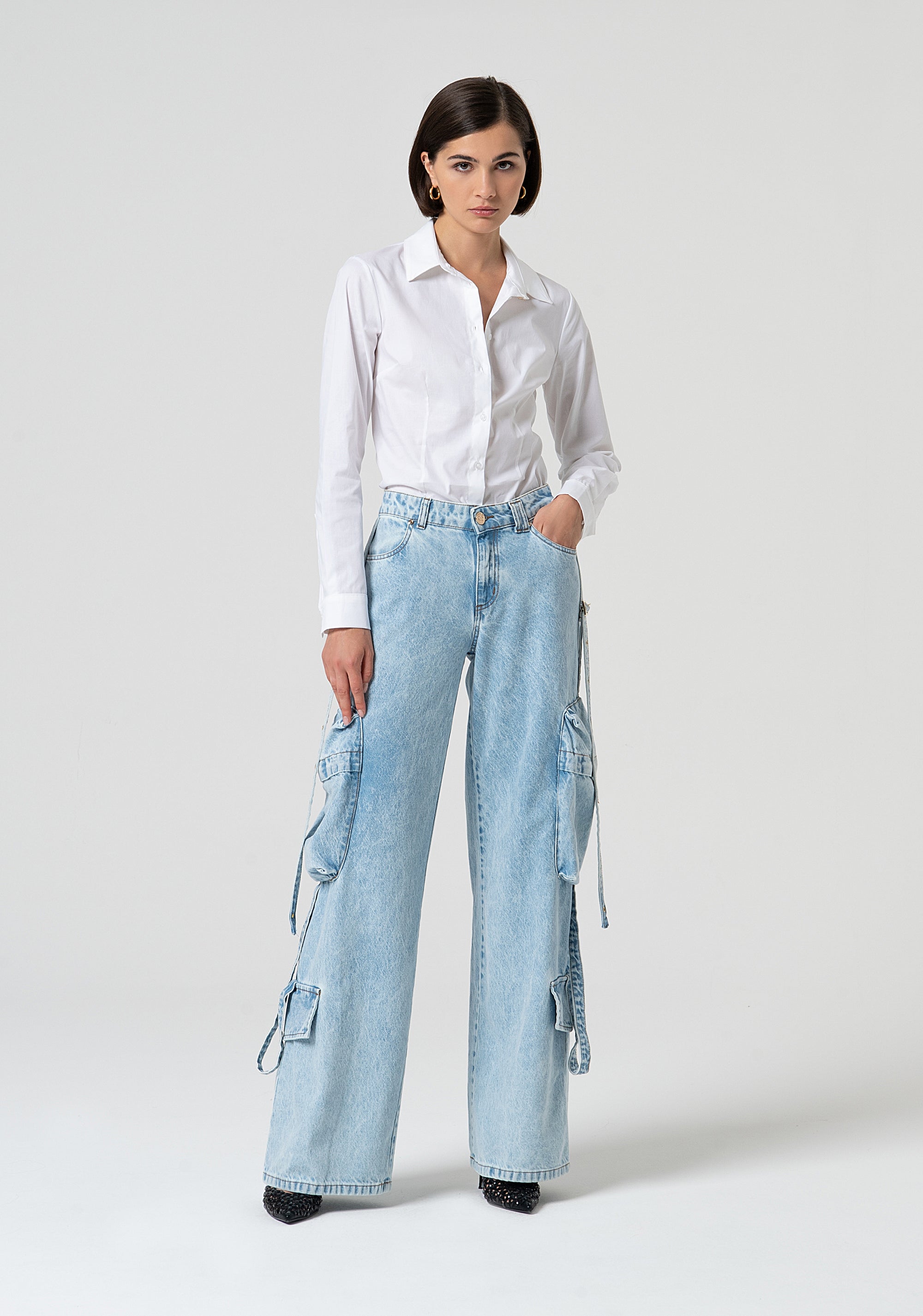 Jeans cargo wide leg made in denim with bleached wash Fracomina FS25SVC004D40093-378-1