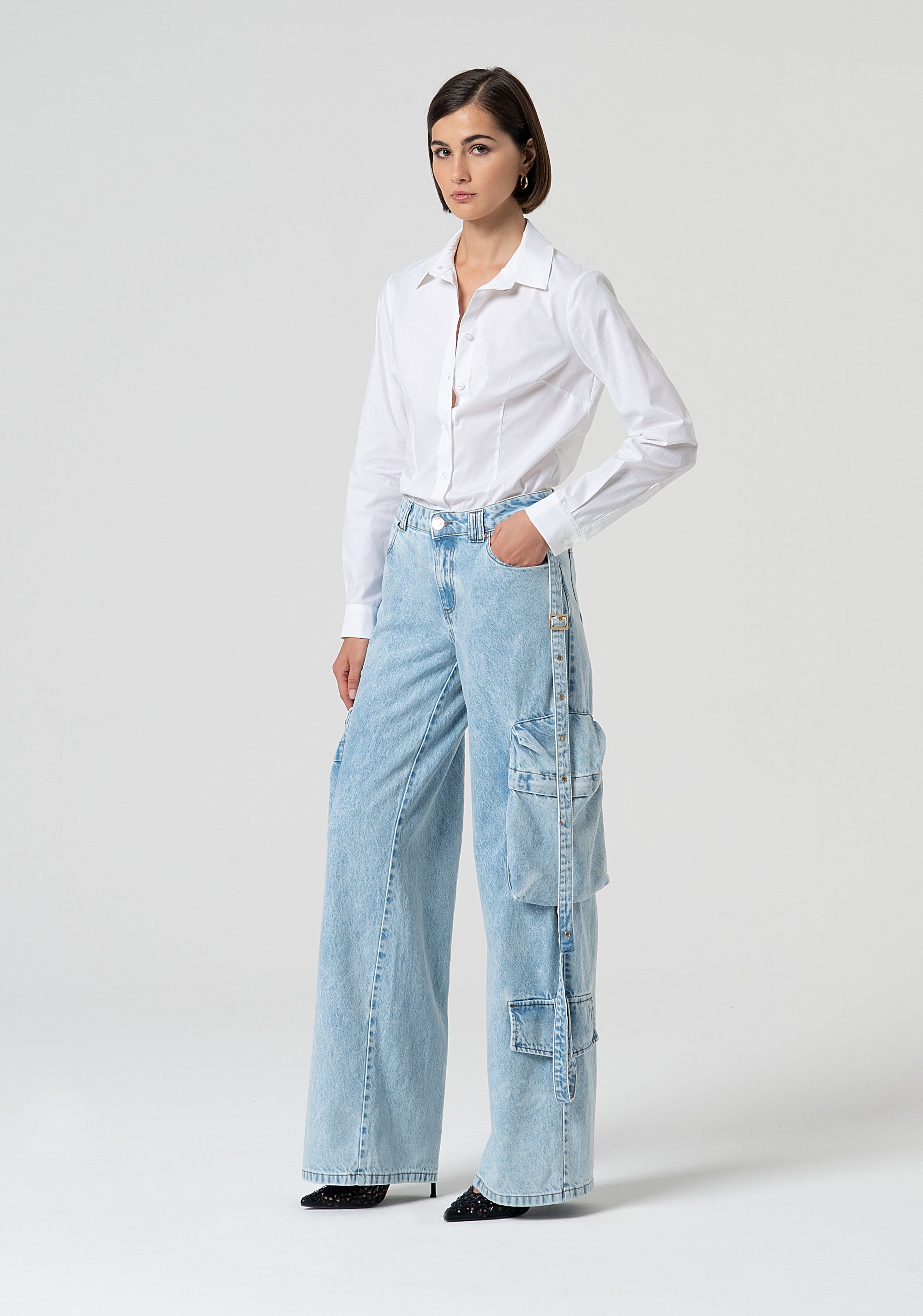 Jeans cargo wide leg made in denim with bleached wash Fracomina FS25SVC004D40093-378-3