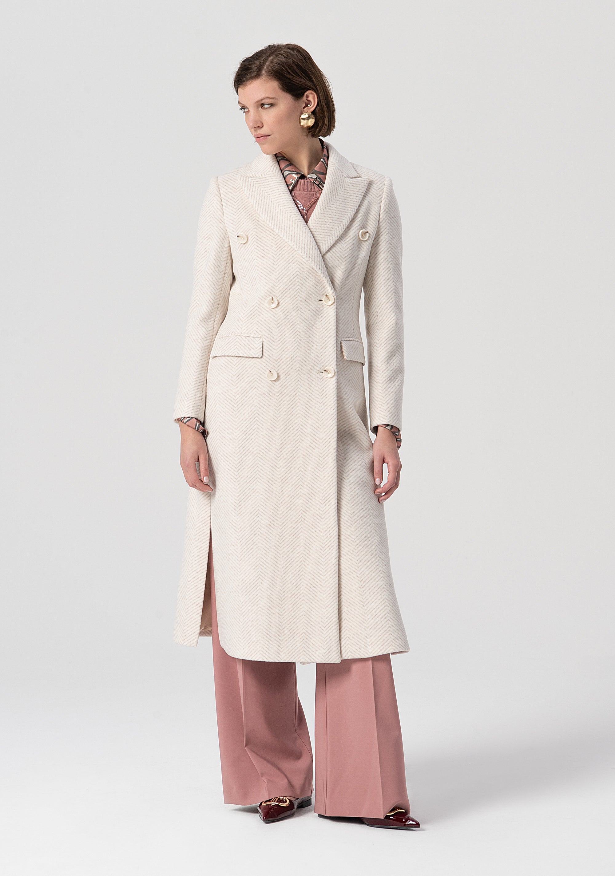 Long coat regular fit double breasted made in herringbone fabric Fracomina FS25WC1009W820K6-050-1_2cff2d56-ded4-426c-9243-272235f69747