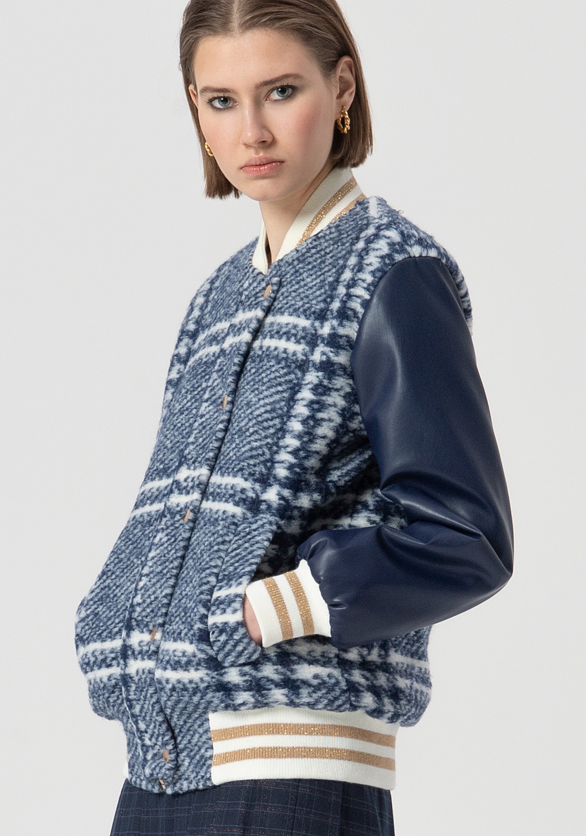 Bomber jacket regular fit with square shaped pattern with wool Fracomina FS25WC1013W81995-083-3