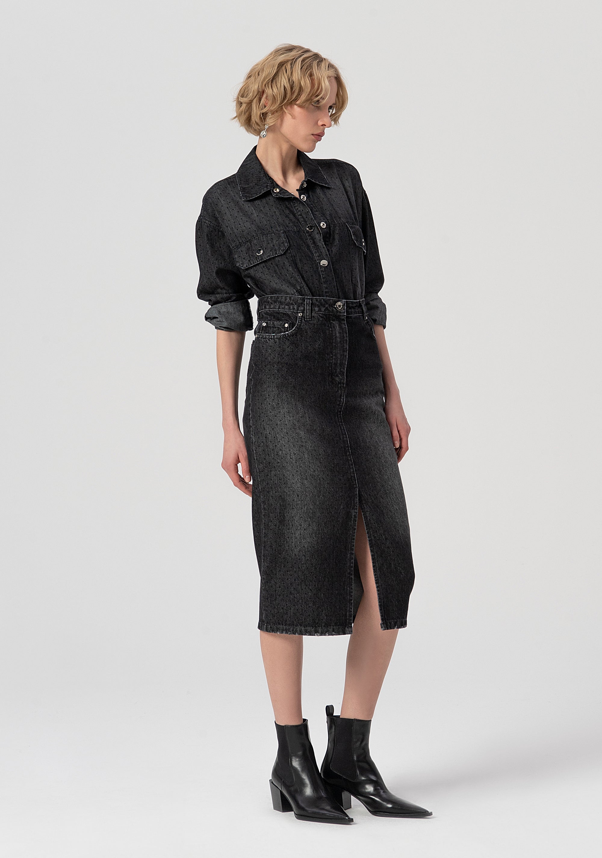 Skirt slim fit middle length made in black denim with middle wash Fracomina FS25WG5001D40001-553-3