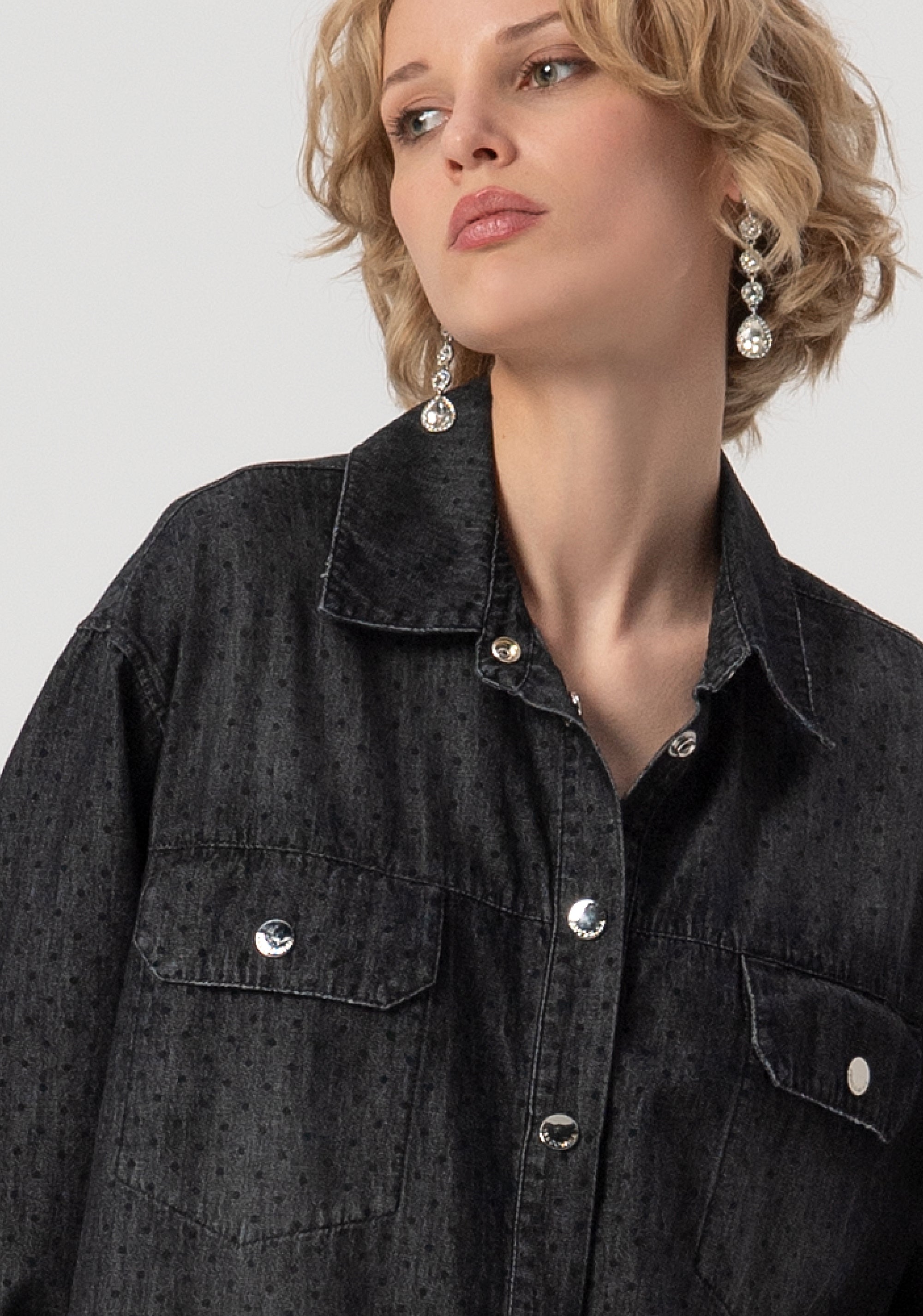 Shirt over fit made in black denim with polka dots pattern and middle wash Fracomina FS25WT6005D40001-553-2