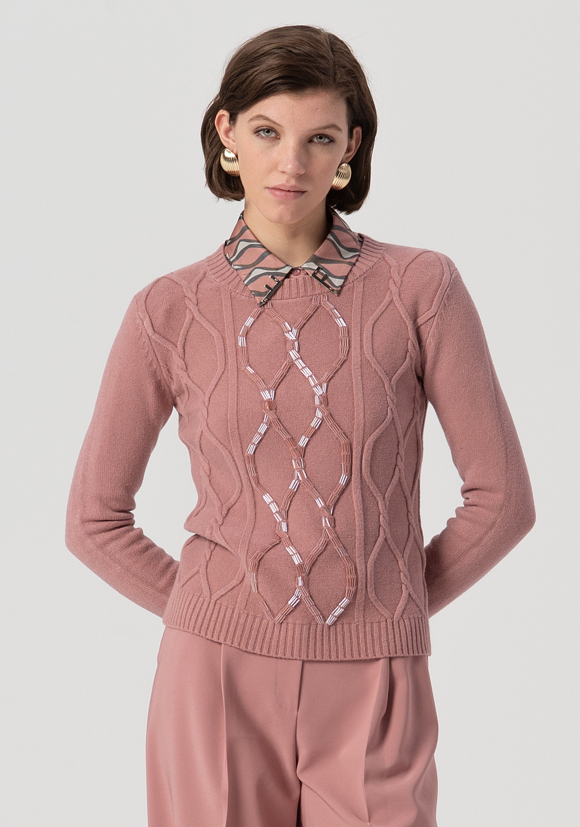 Knitwear slim fit with plaits and sequins applied Fracomina FS25WT7012K50201-238-1