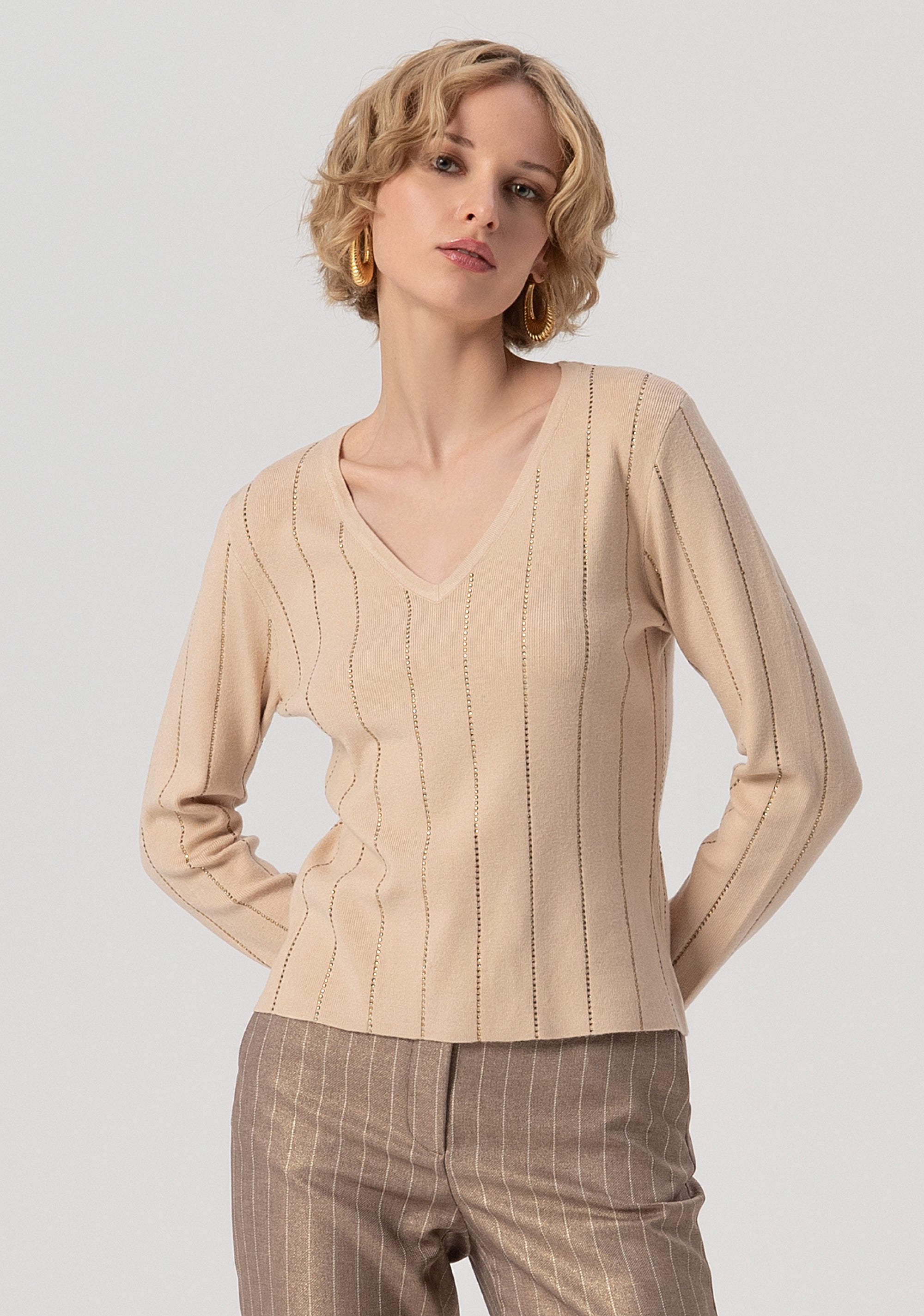 Knitwear slim fit with ribs and strass applied Fracomina FS25WT7030K50401-050-1