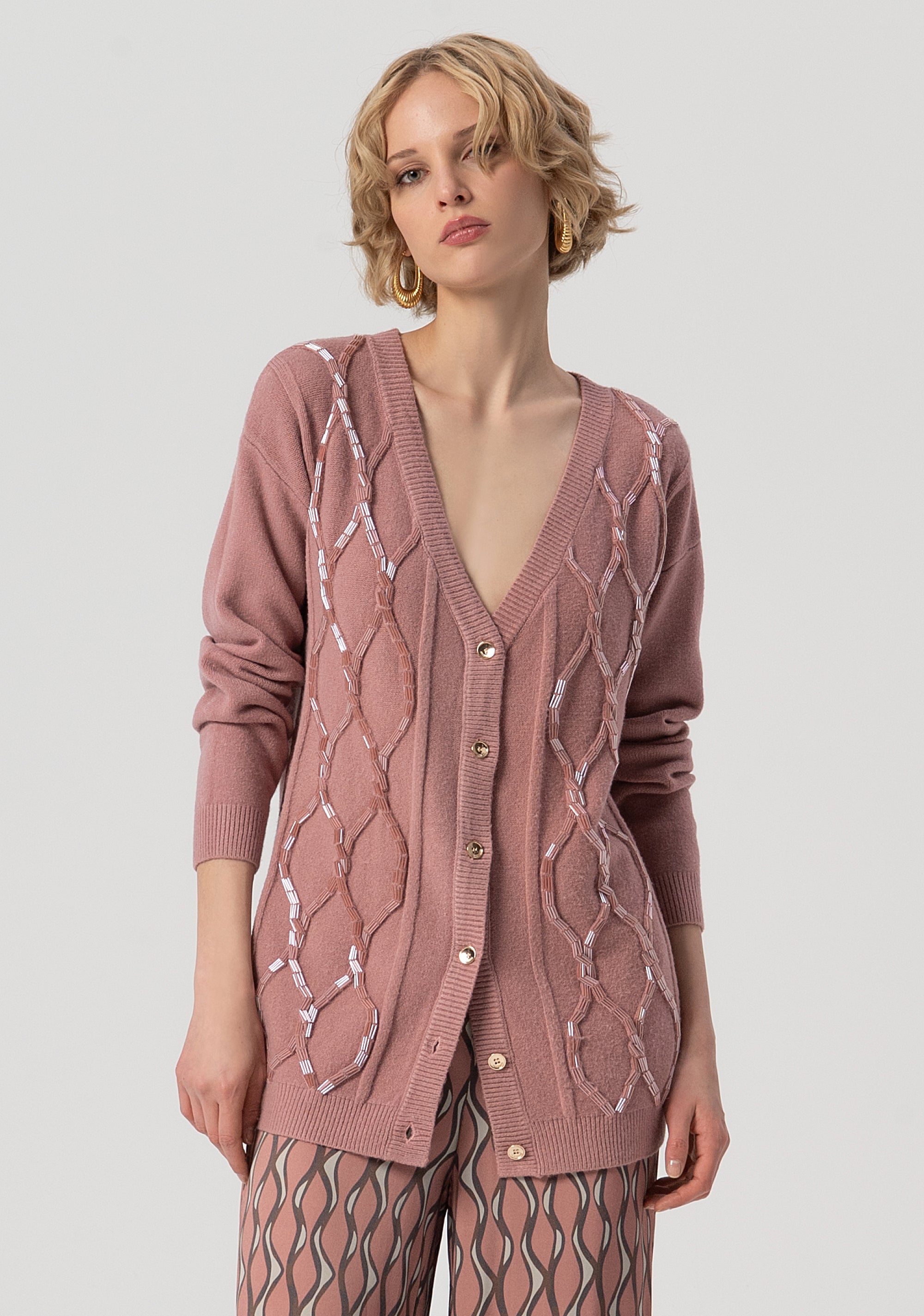 Cardigan over fit with plaits and sequis applied Fracomina FS25WT8007K50201-238-1