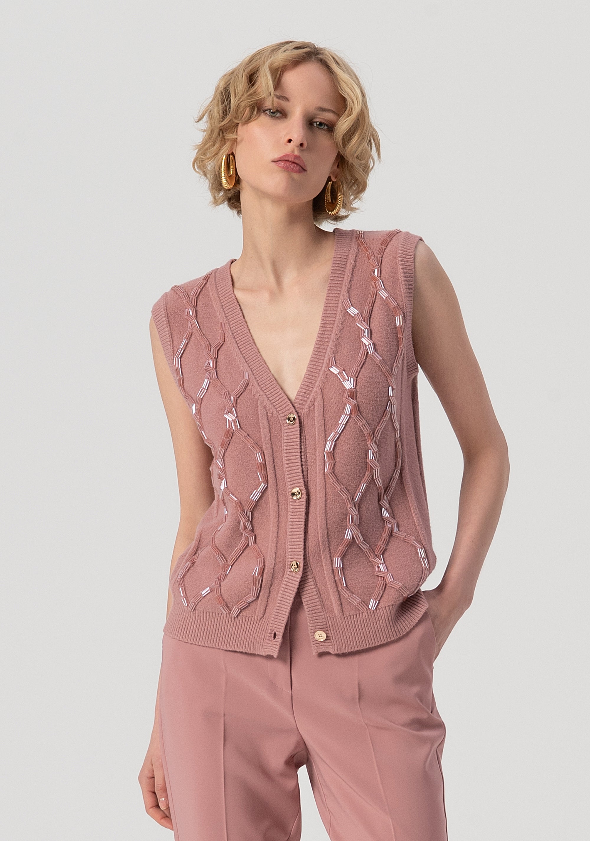 Knitted gilet regular fit with plaits and sequins applied Fracomina FS25WT8008K50201-238-1