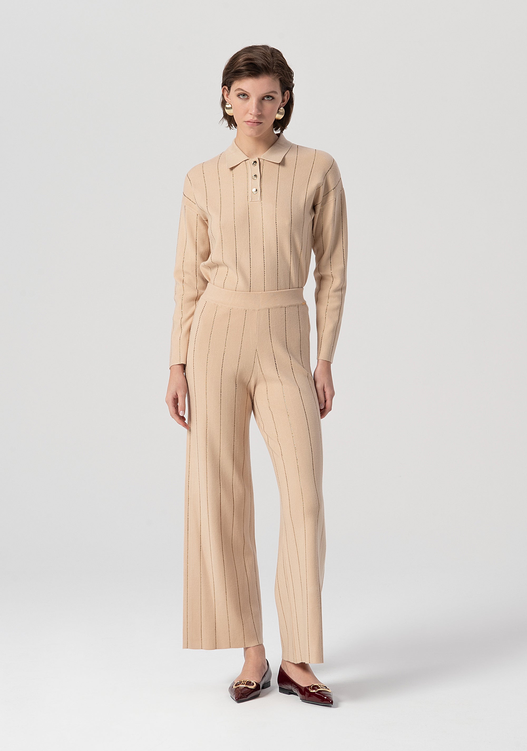 Knitted palazzo pant flare with ribs and strasses applied Fracomina FS25WV3002K50401-050-1