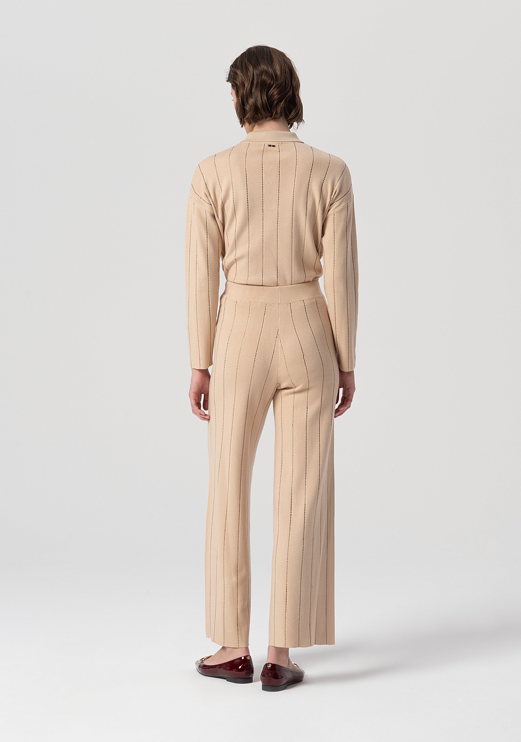 Knitted palazzo pant flare with ribs and strasses applied Fracomina FS25WV3002K50401-050-3