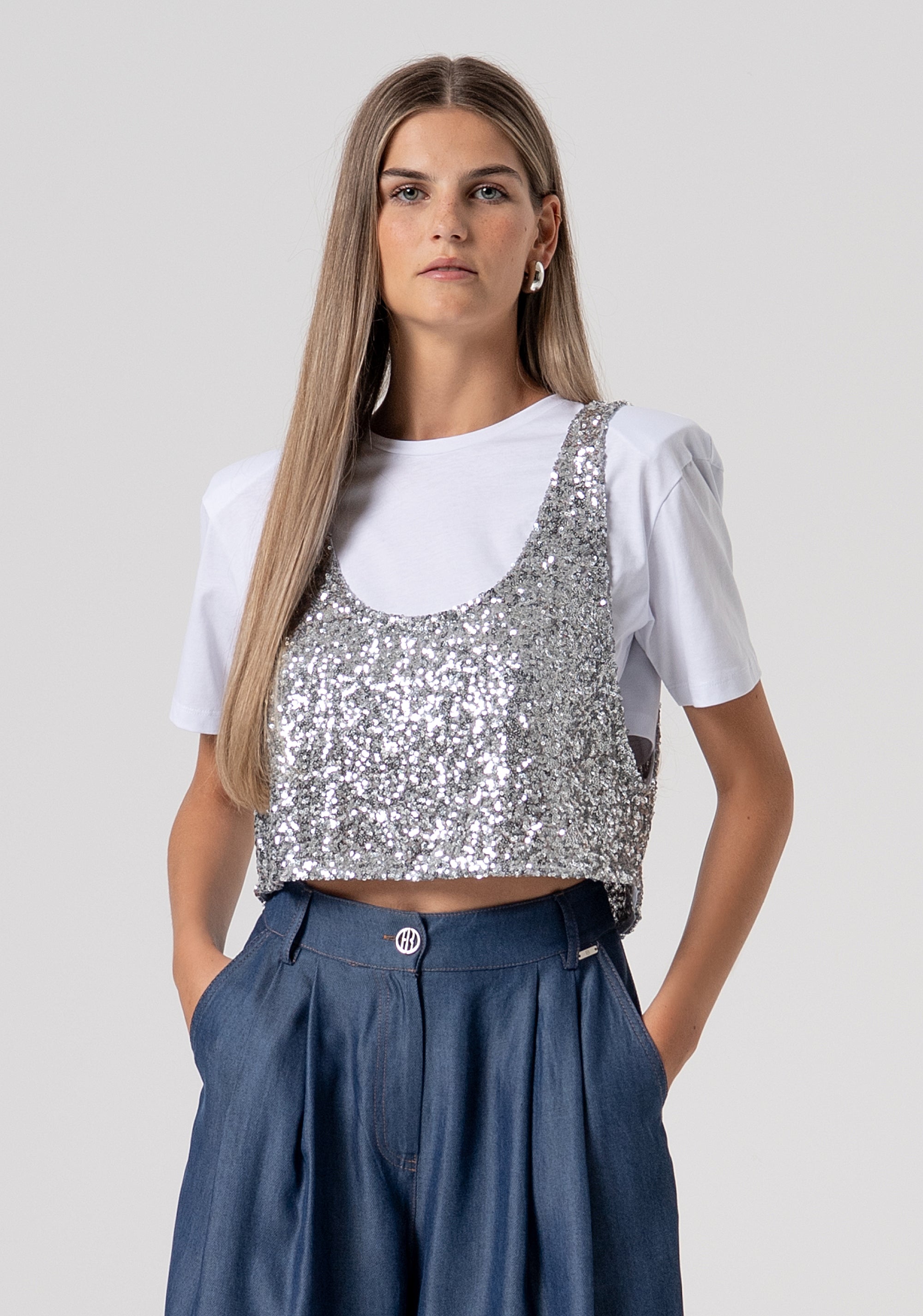 T-shirt cropped with undershirt made in sequins Fracomina FS26ST3003W795N6-389-1