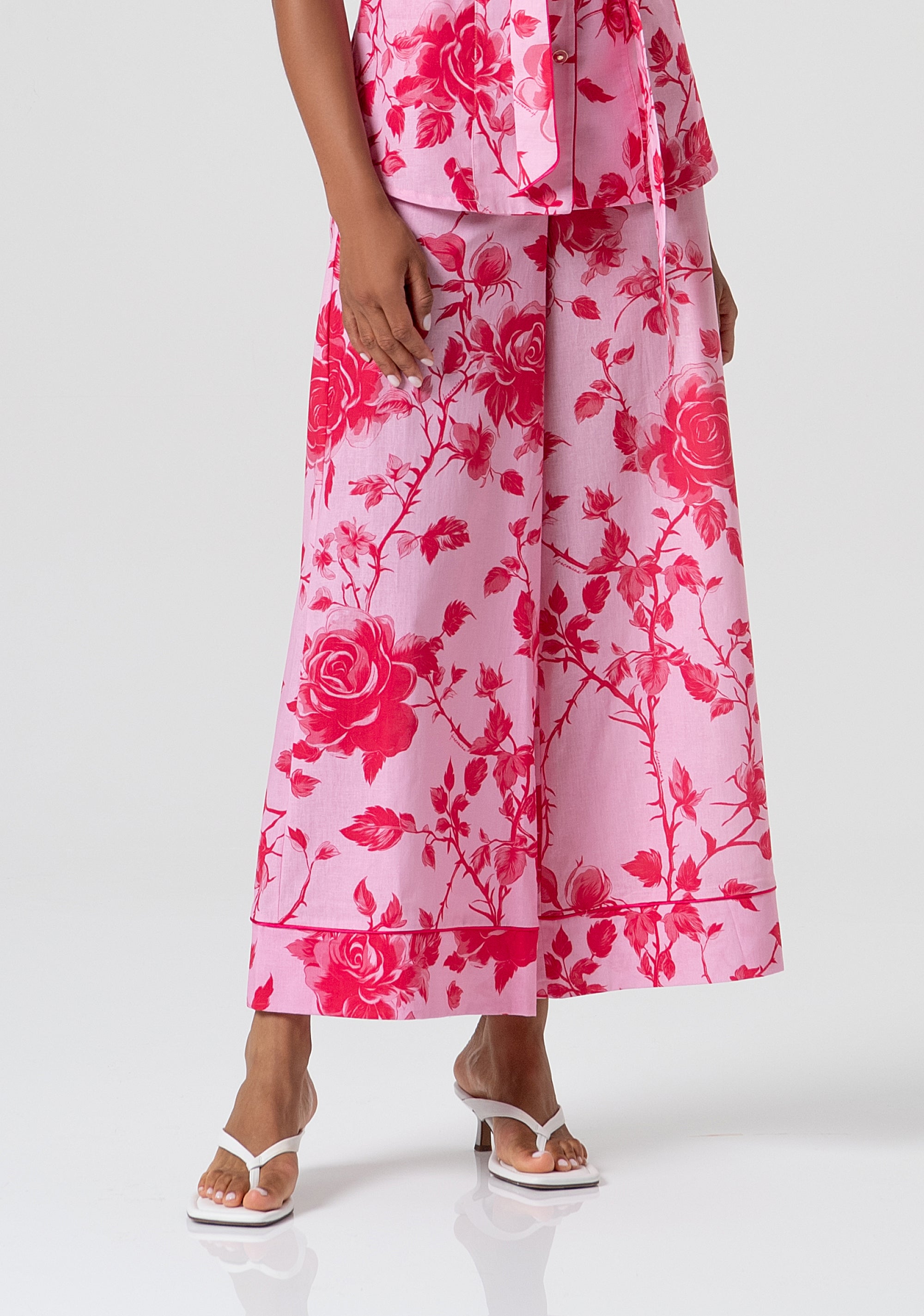 Wide-Leg Rose Print Trousers with Contrast Piping Fracomina FS26SV3014W622K9-G54