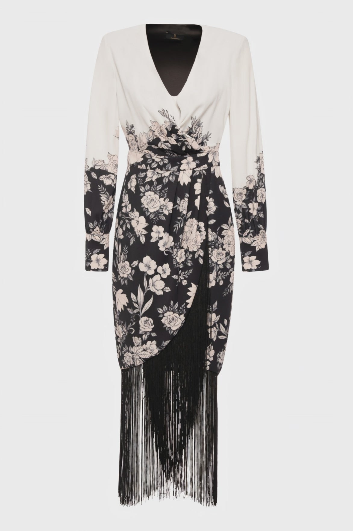 Long dress slim fit with flowery pattern and fringes at the bottom