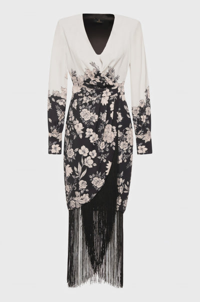 Long dress slim fit with flowery pattern and fringes at the bottom