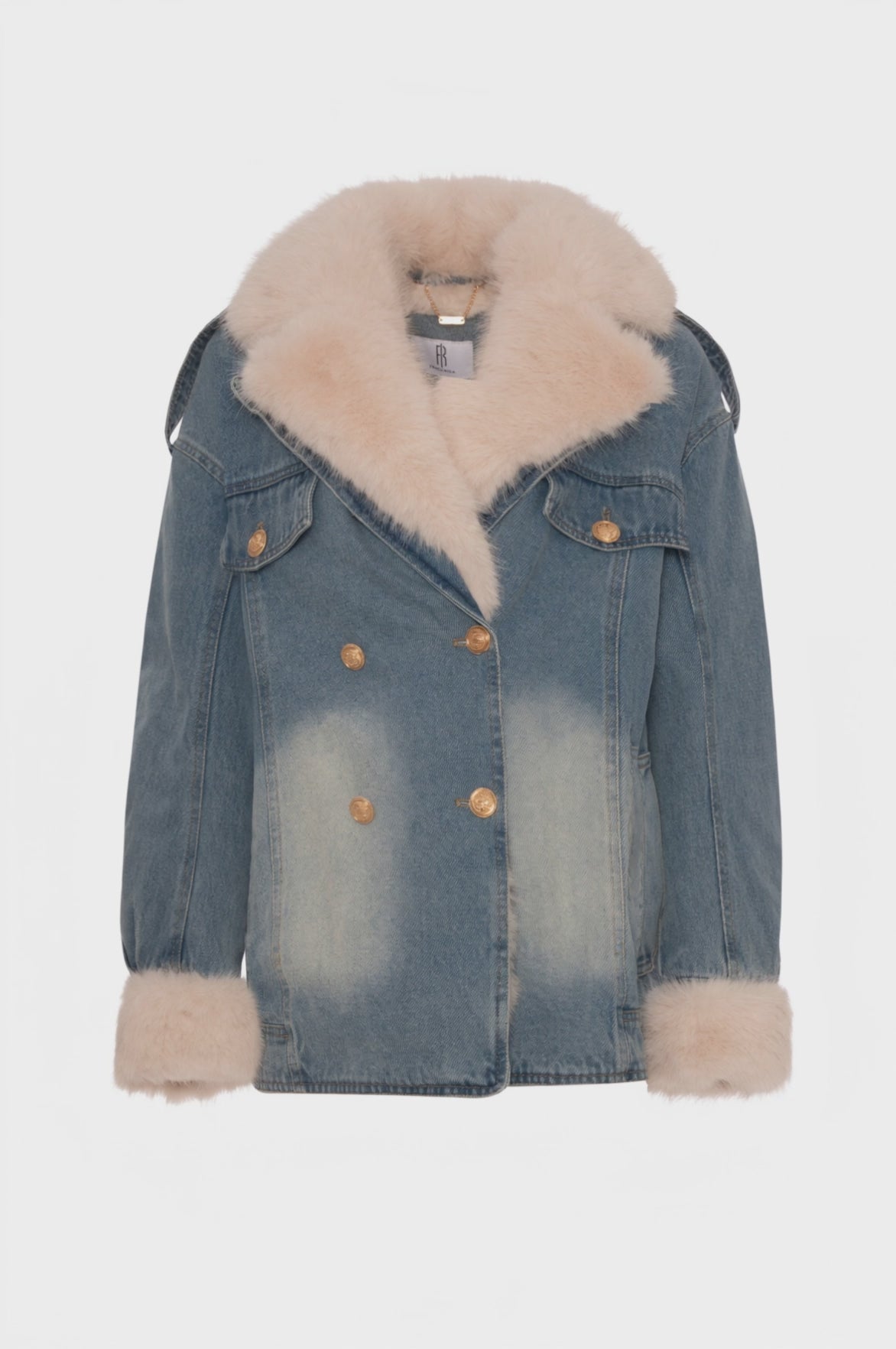 Jacket over fit made in denim with vintage wash and with fake fur