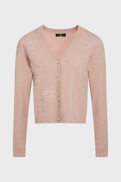 Knitted cardigan cropped with flowery applications