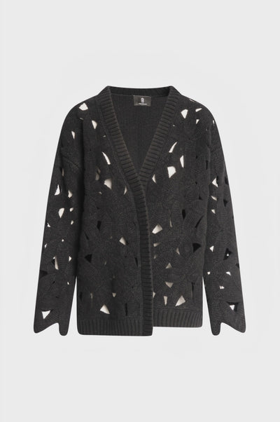 Knitted cardigan regular fit, opened, with macrame manufacture made in merinos wool