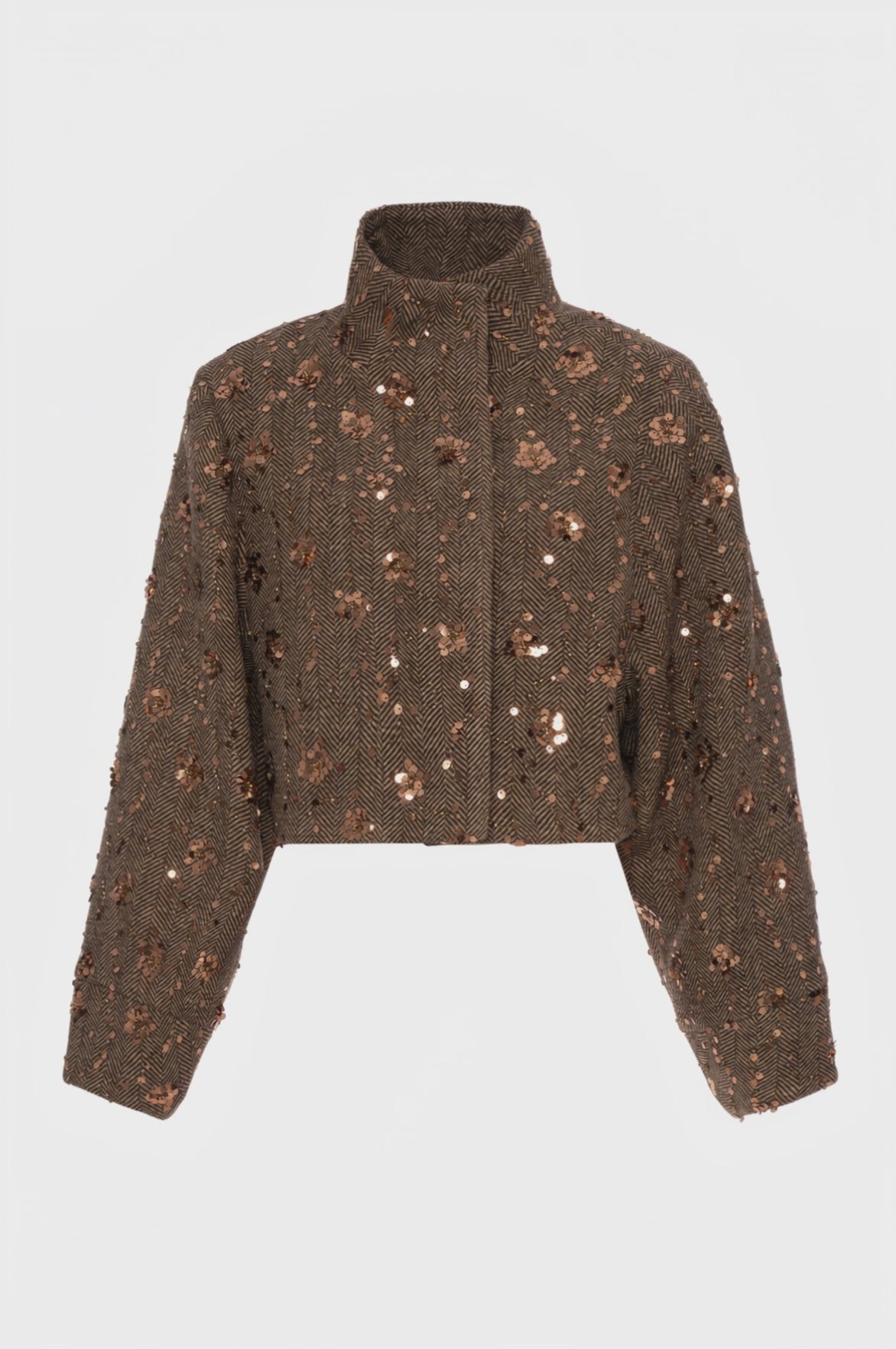 Coat cropped made in herringbone fabric with sequins