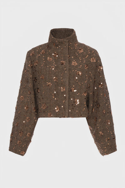 Coat cropped made in herringbone fabric with sequins