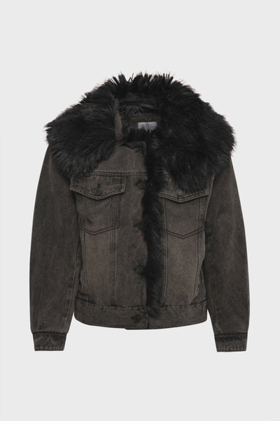 Jacket regular fit made in black denim with middle wash and with fake fur
