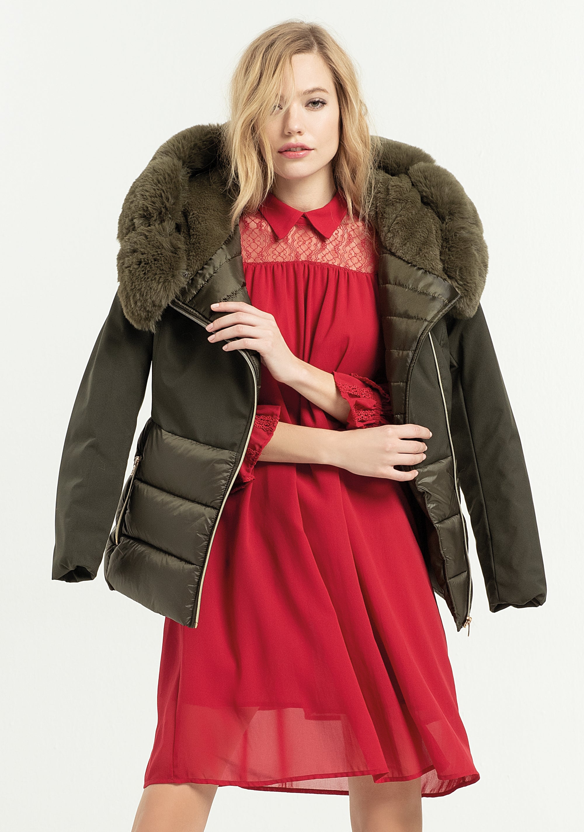 Padding jacket regular fit, long, with eco fur neck applied Fracomina F120W09004W00401-053_53ef6c3c-3f2c-4753-90cc-3ff2459425bf