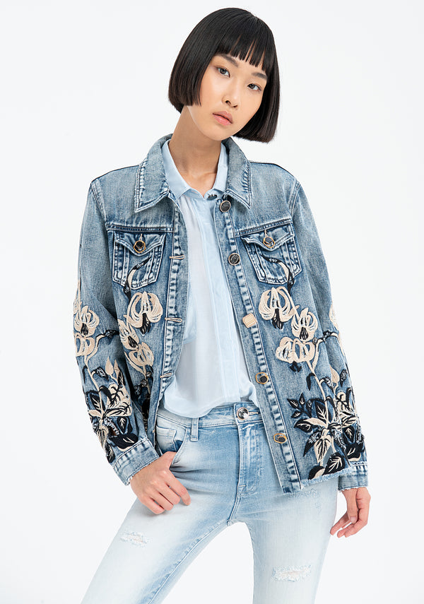Jacket regular fit made in denim with 3D flowery embroideries Fracomina F321SJ2001D40093-365_01