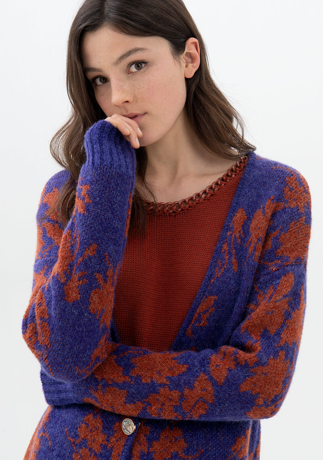 Cardigan regular fit with flowery jacquard effect made in wool and mohair