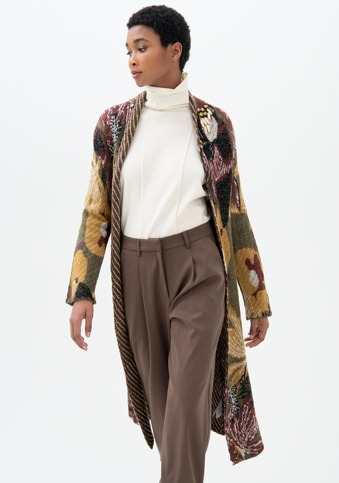 Cardigan wide fit, long, with flowery jacquard effect