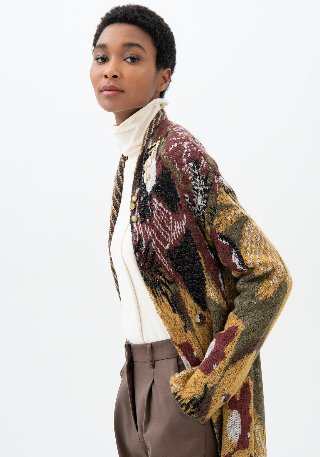 Cardigan wide fit, long, with flowery jacquard effect