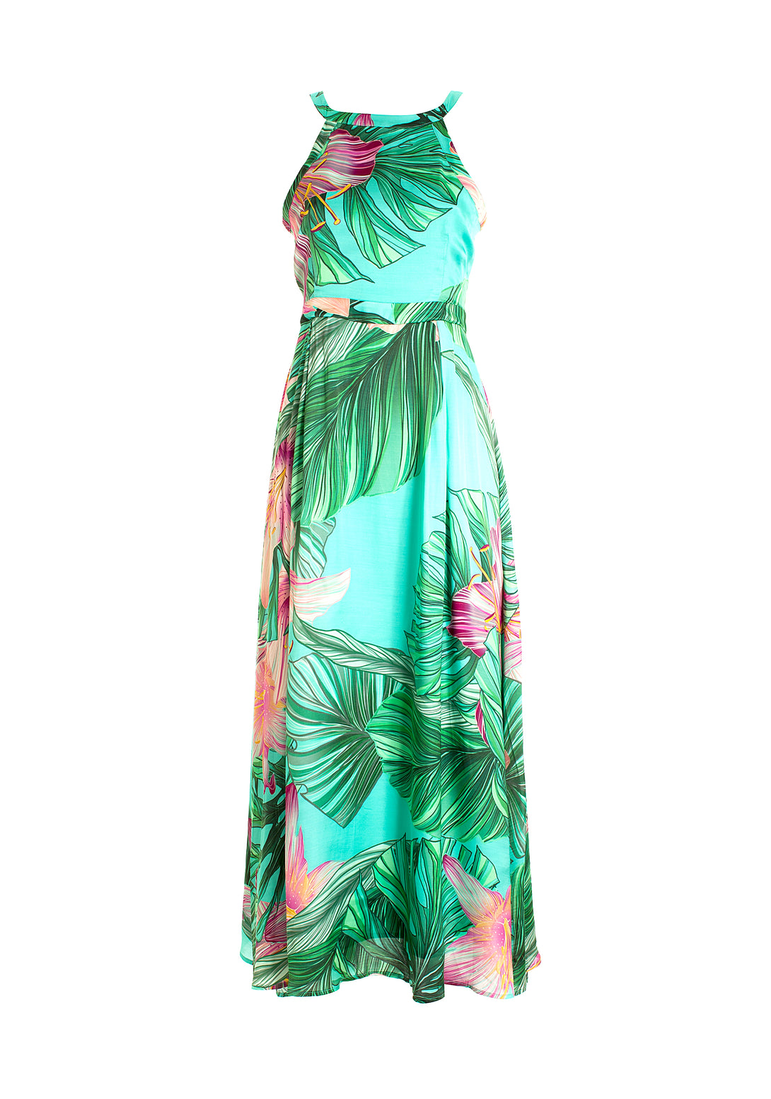 Long dress with tropical pattern and no sleeves