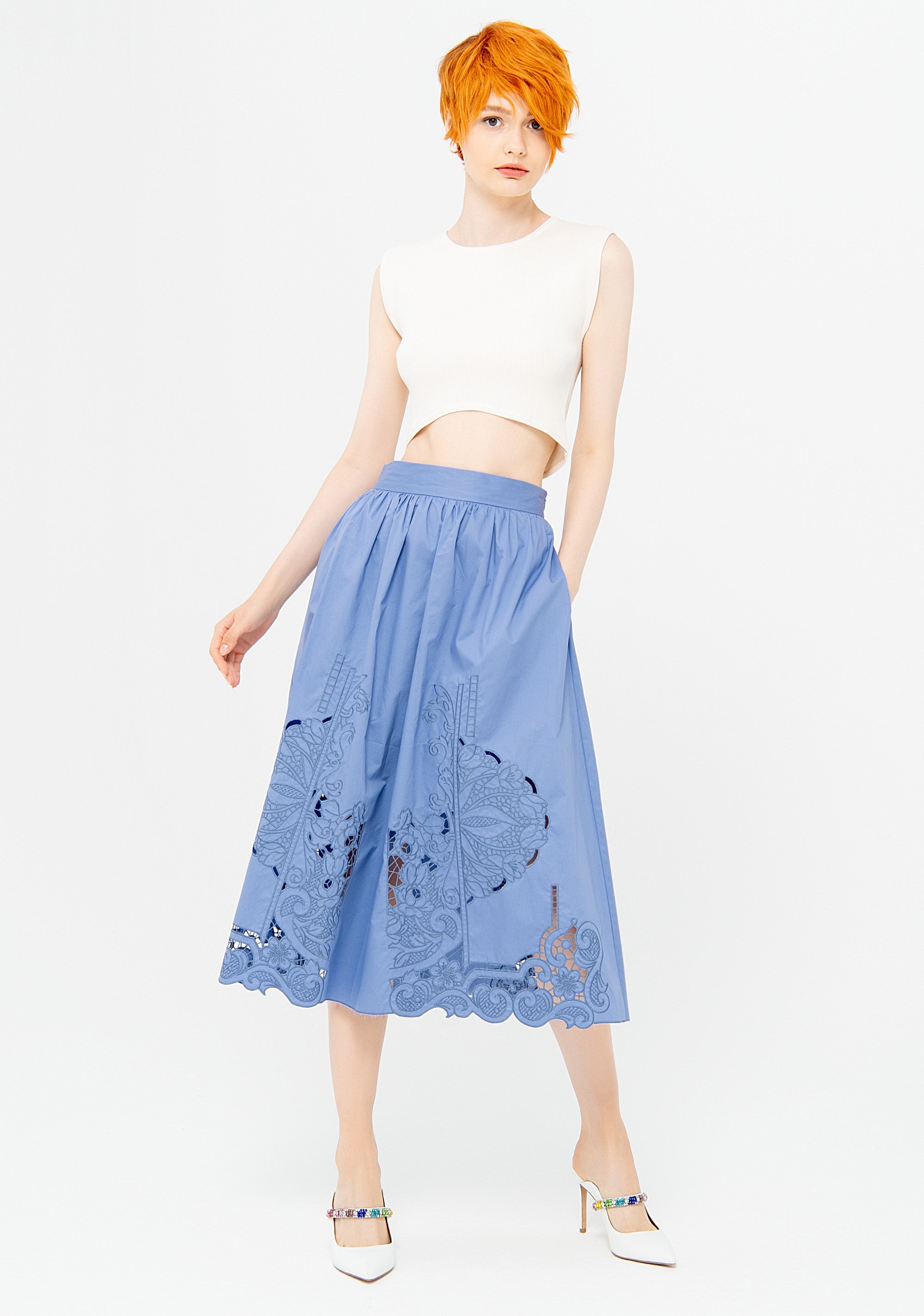 Skirt wide fit made in cotton with embroidery Fracomina F322SG2013W400E5_3db466e4-1543-4865-a09d-b6691d06bdcf