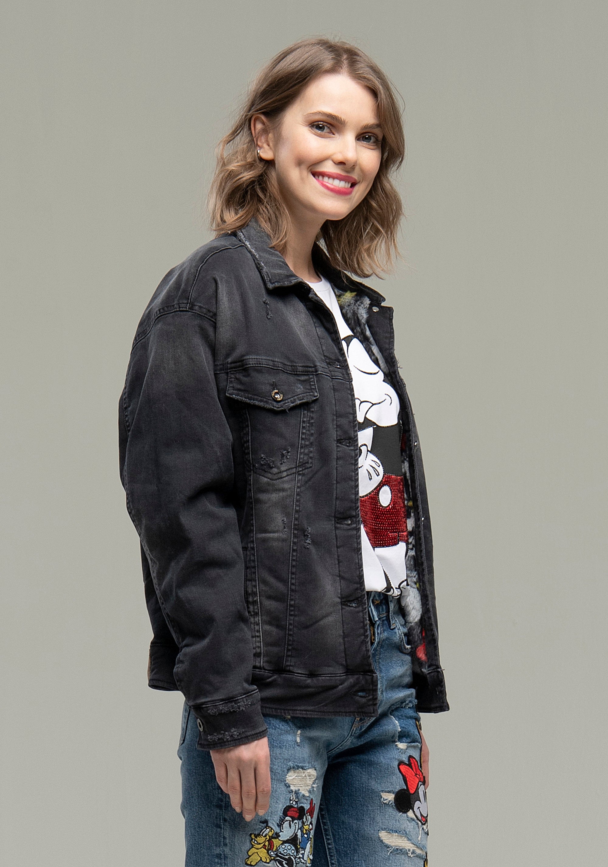 Jacket over fit made in black denim with dark wash Fracomina FD21WJ4001D44904-A96_04