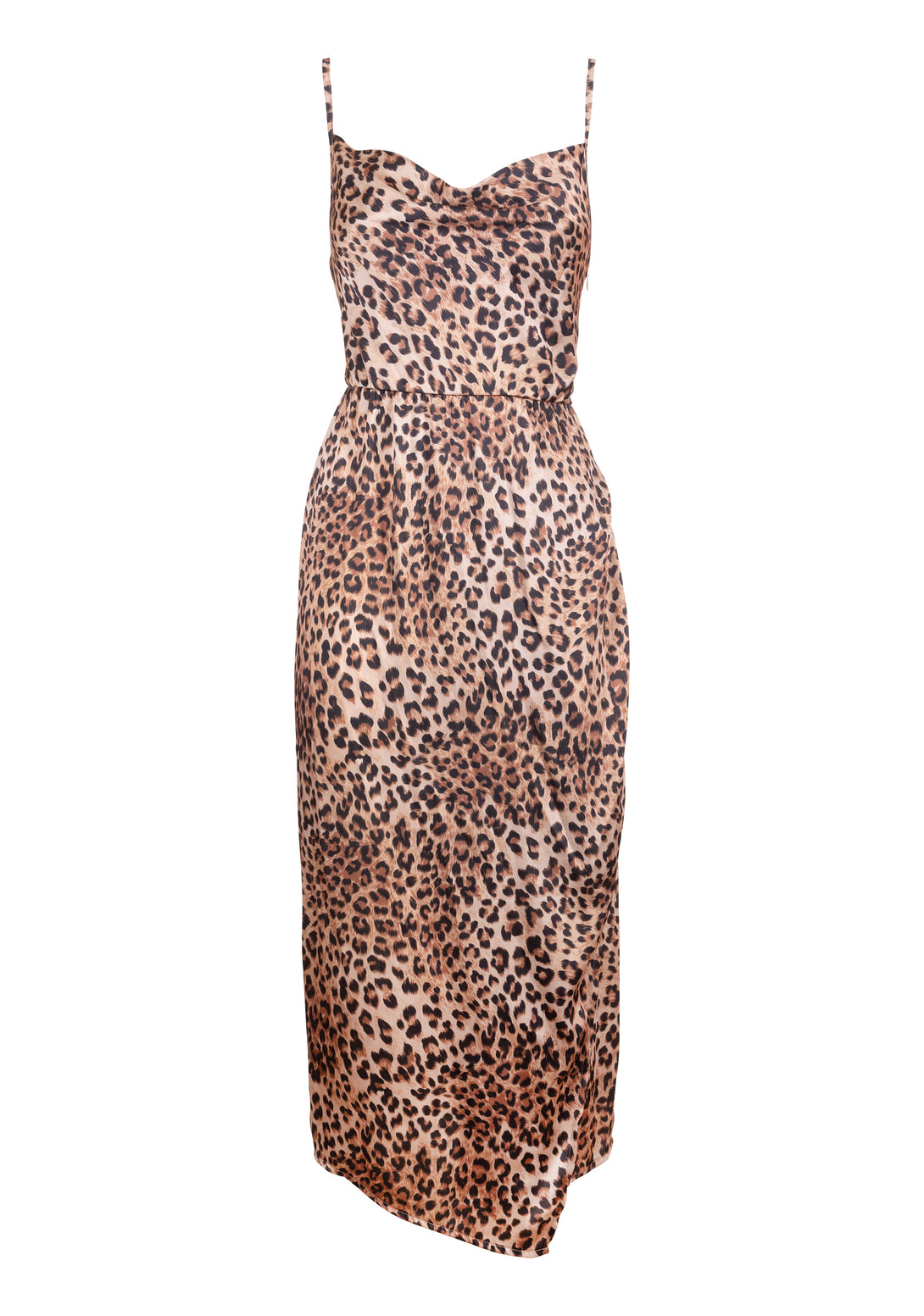 Sleeveless dress middle length made in satin with animalier pattern
