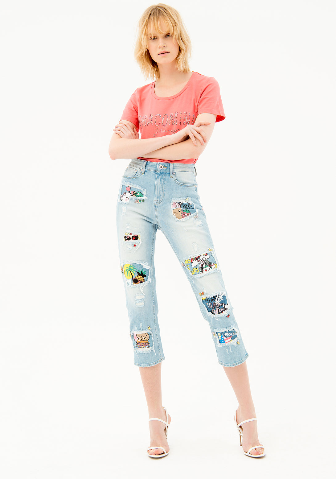 Jeans cropped fit made in stretch denim with light wash and patches Fracomina FP21SP5035D401O1-437