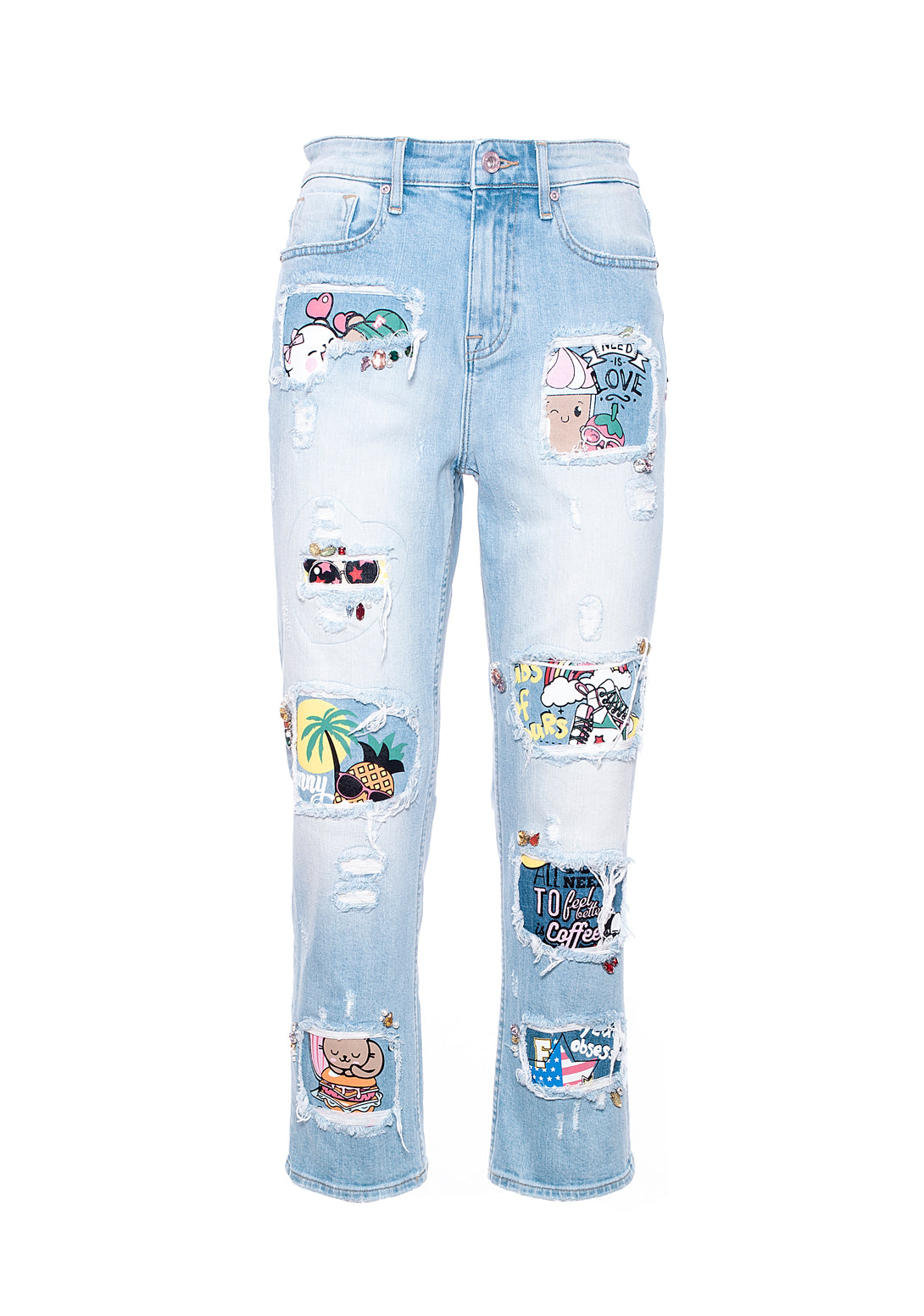 Jeans cropped fit made in stretch denim with light wash and patches