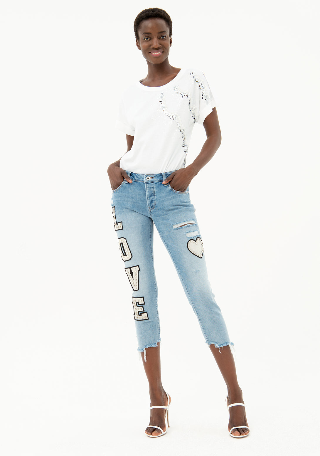 Jeans boyfriend cropped fit made in denim with light wash and patches Fracomina FP21SP5036D409P3