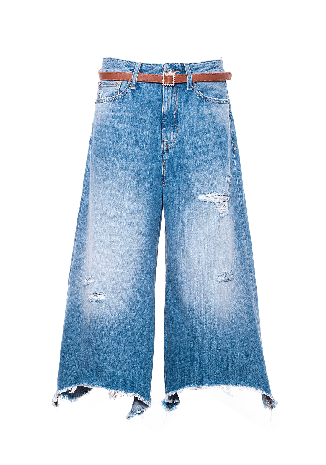 Culotte jeans flared fit made in denim with middle wash and rips