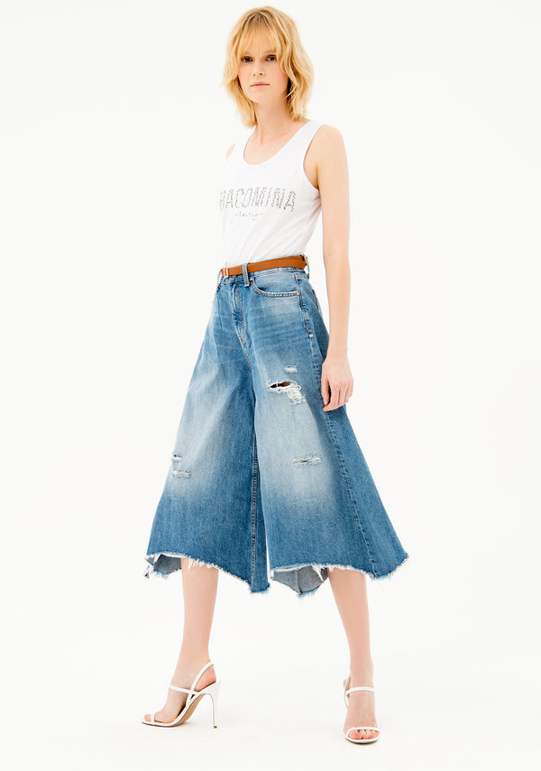 Culotte jeans flared fit made in denim with middle wash and rips Fracomina FP21SP5058D400P3