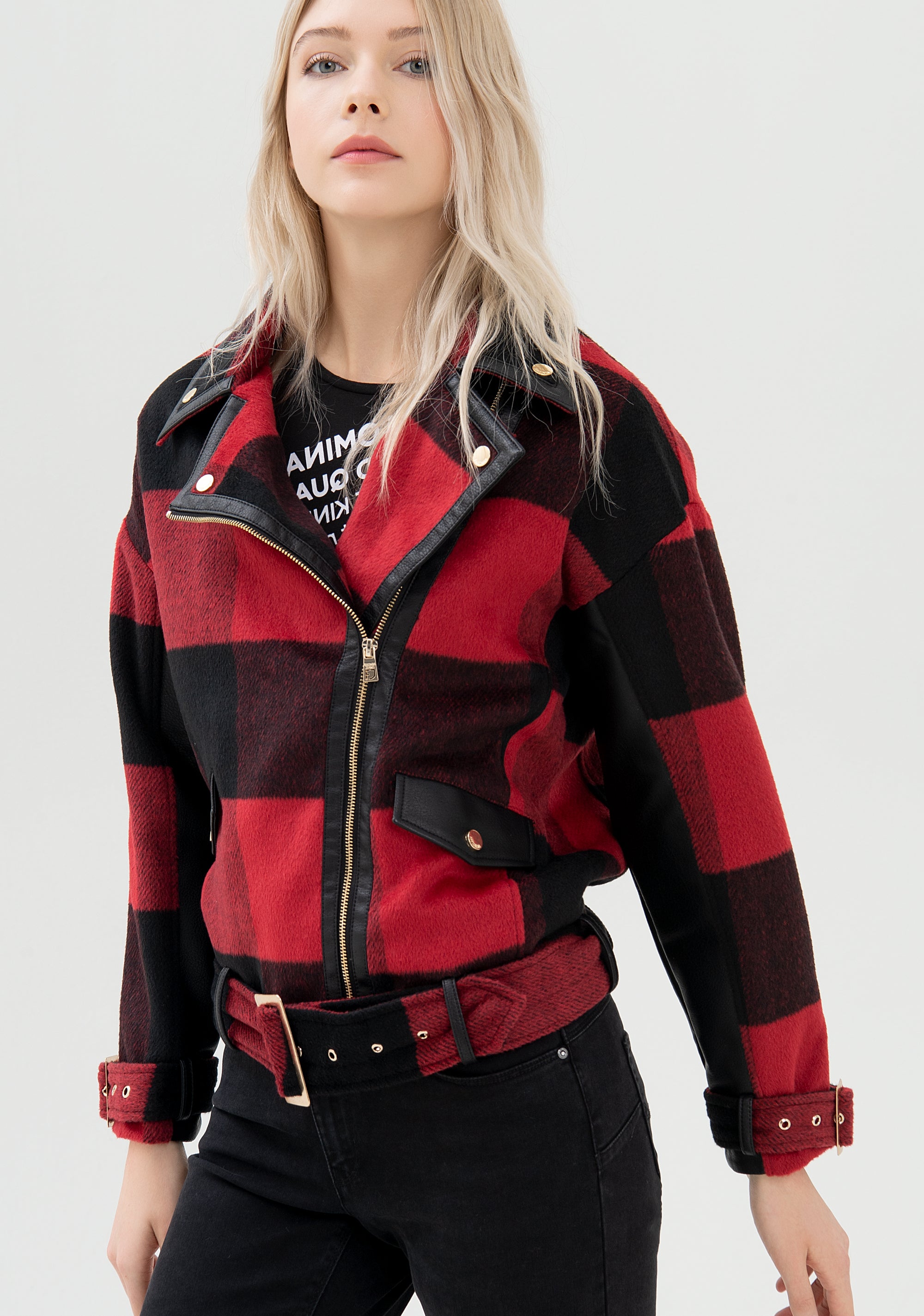 Biker jacket regular fit made in tartan fabric Fracomina FP21WC1001W48301-B40_02