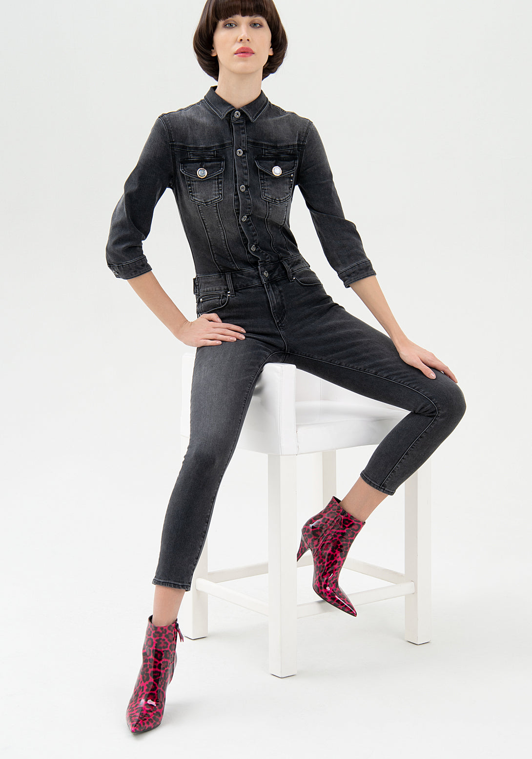 Jumpsuit tight fit, long, made in black denim with dark wash Fracomina FP21WO2003D40901-H21