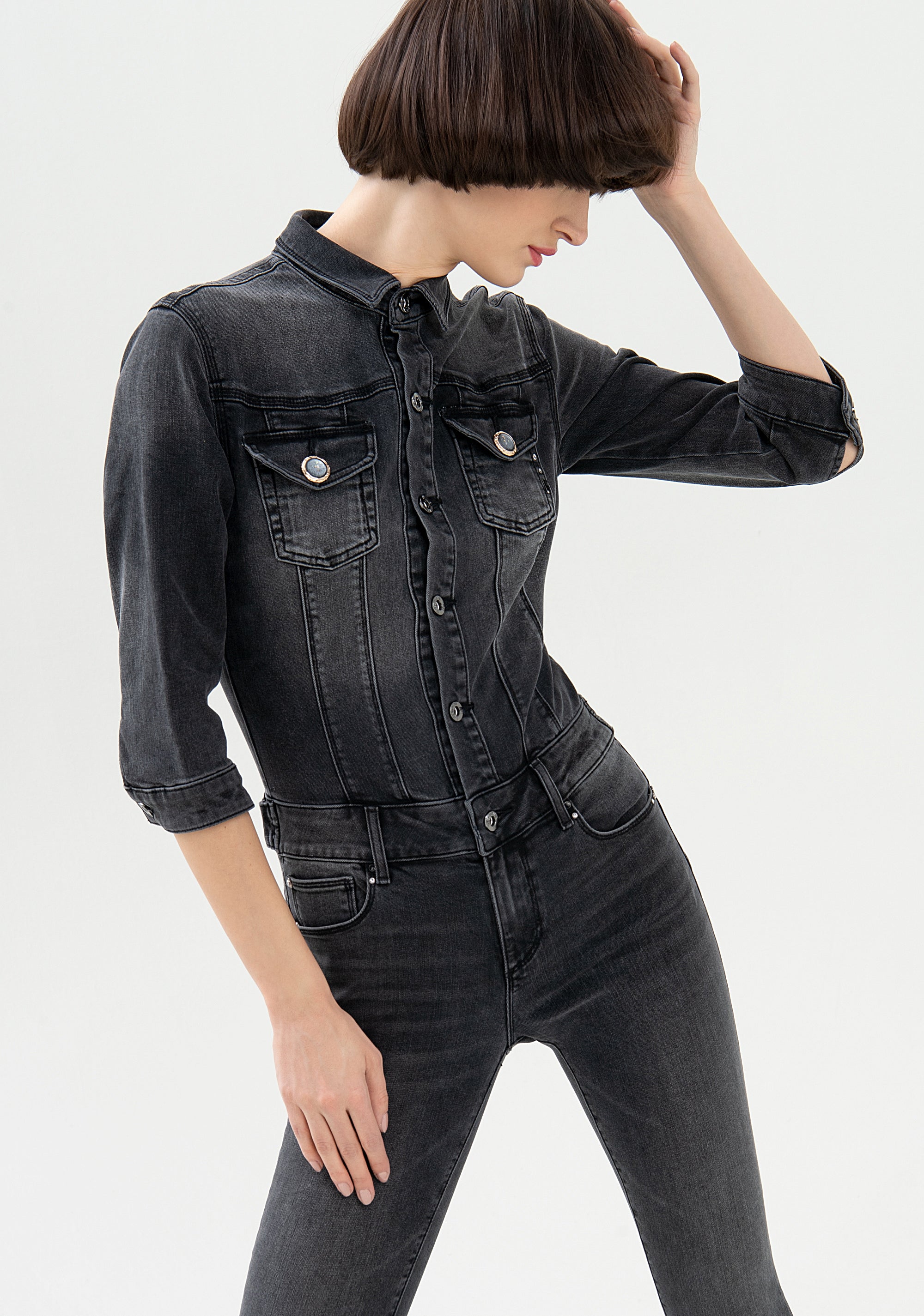 Jumpsuit tight fit, long, made in black denim with dark wash Fracomina FP21WO2003D40901-H21_02