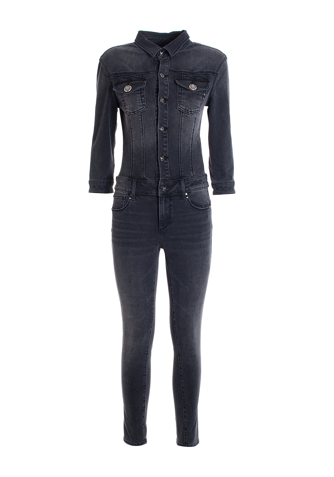 Jumpsuit tight fit, long, made in black denim with dark wash
