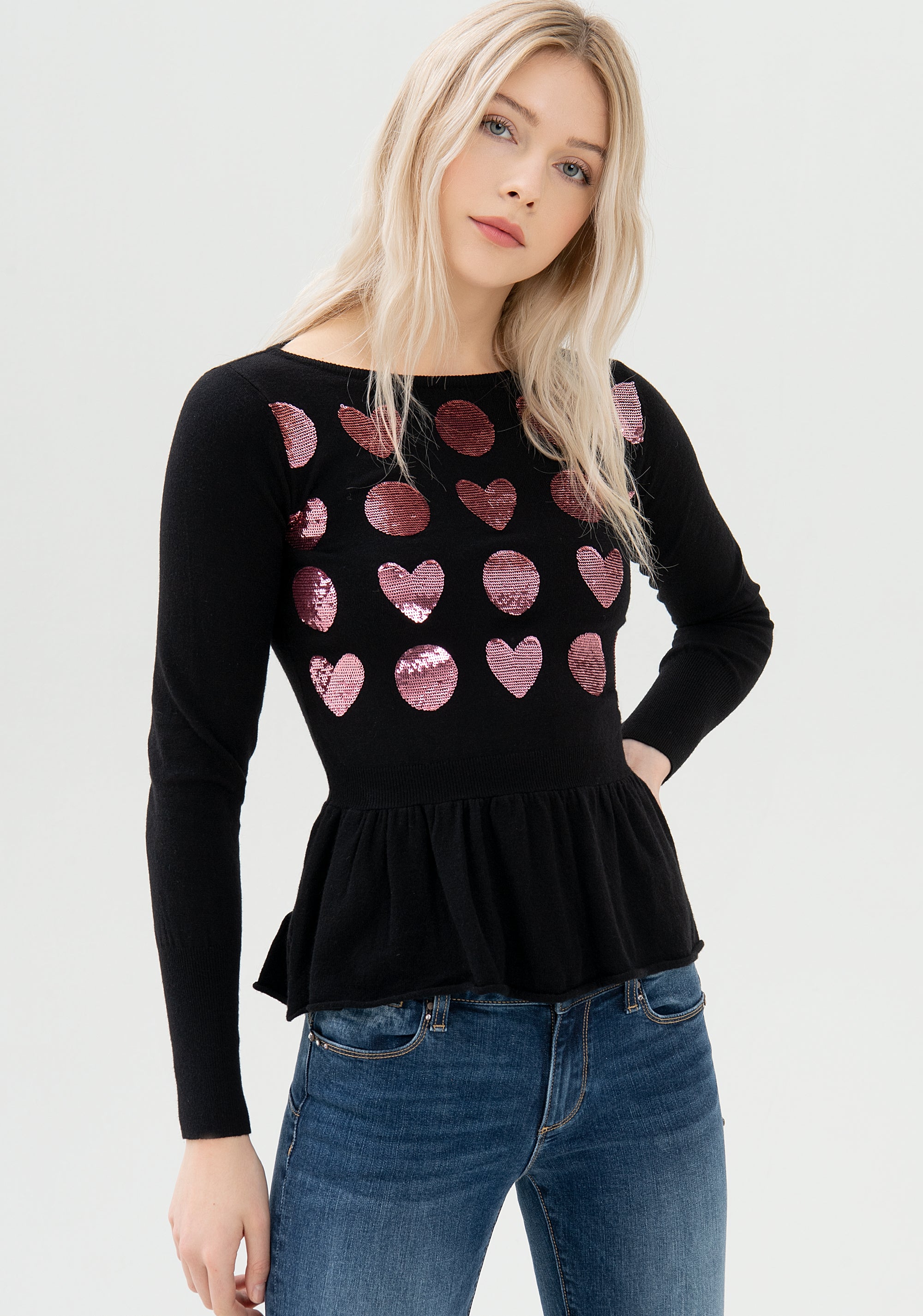 T-shirt tight fit made with heart shaped sequins pattern Fracomina FP21WT7017K46201-581