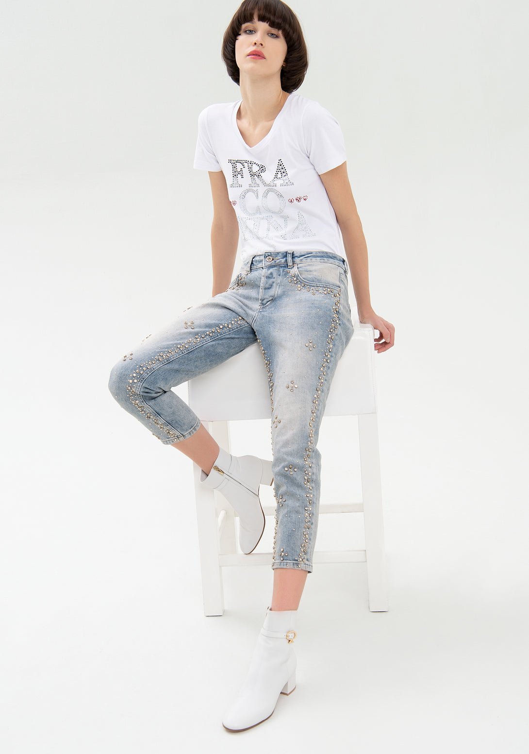 Jeans loose fit cropped made in denim with bleached wash