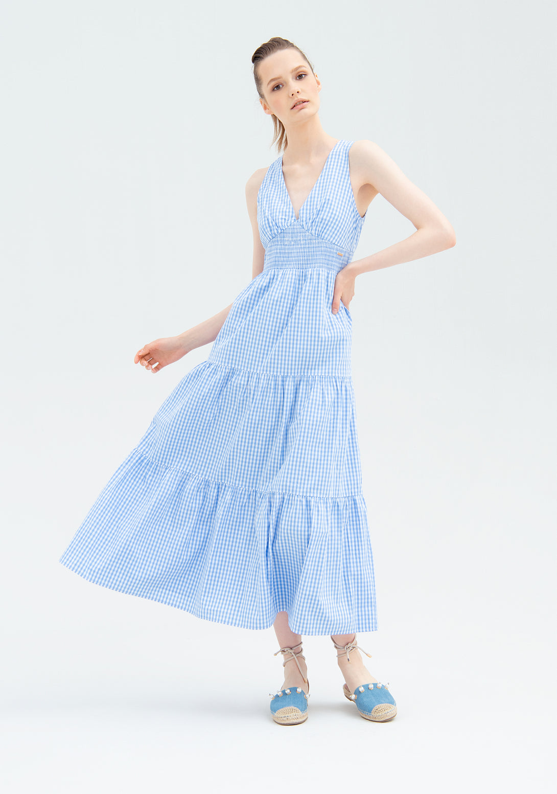 Long dress with no sleeves made in vichy cotton Fracomina FP22SD3019W403R2-M02