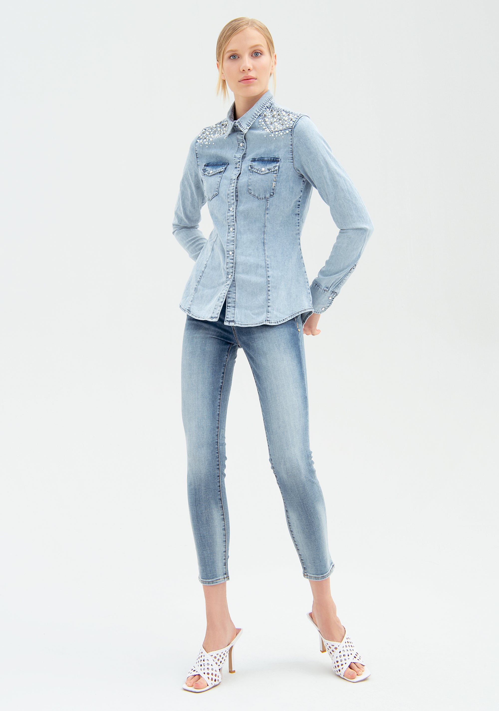 Shirt tight fit made in denim with bleached wash Fracomina FP22ST1003D421P1-D34